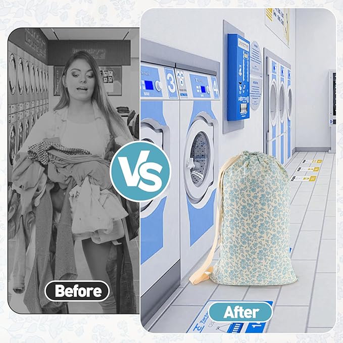 Laundry Bag, Dirty Backpack Laundry Bag For College Travel Laundromat Apartment, With Handles 29" X 18" (Blue Florals)
