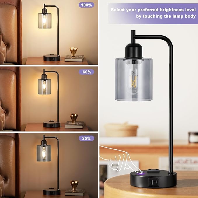 Innqoo Industrial Touch Bedroom Lamps for Bedrooms Set of 2-3-Way Dimmable Table Lamps with USB C+A Ports and Outlet, Bedside Lamps with Gray Glass Shade for Living Room, Desk Lamps for Home Office