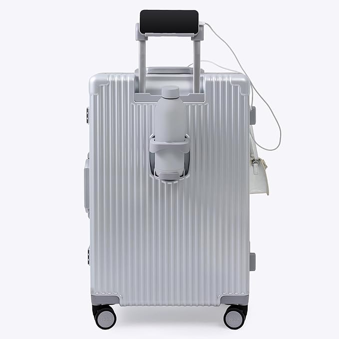 Nobl Travel Zipperless Check In Suitcase - Aluminum Frame, Medium Check In luggage 27x17.5x10.4 Airline Approved by Noble Travel - Polycarbonate Shell - TSA Locks, 360° Spinner Wheels - Silver