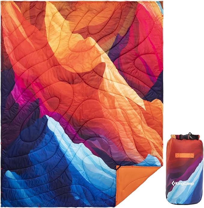 KingCamp Ultralight Camping Blanket, Packable Down Alternative Puffy Printed Wearable Blanket with Snap Buttons & Corner Loops Weatherproof Quilt for Outdoor Travel Stadium (78.7"L x 57.1"W, PEAK)