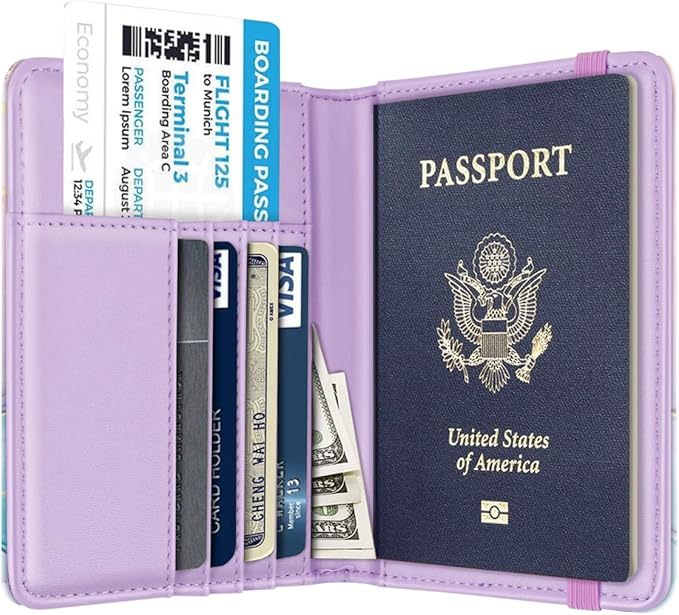 Passport Holder Cover, RFID Travel Wallet Credit Card Holder Cute Purple Pink Passport Book Holders for Women with Elastic Band and Golden Metal Decoration, Gradient Marble