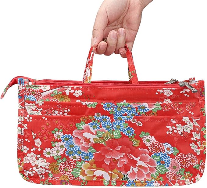 BTSKY Printing Handbag Organizers Inside Purse Insert-High Capacity 13 Pockets Bag Tote Organizer with Handle Fashion Style (Festive Flower)