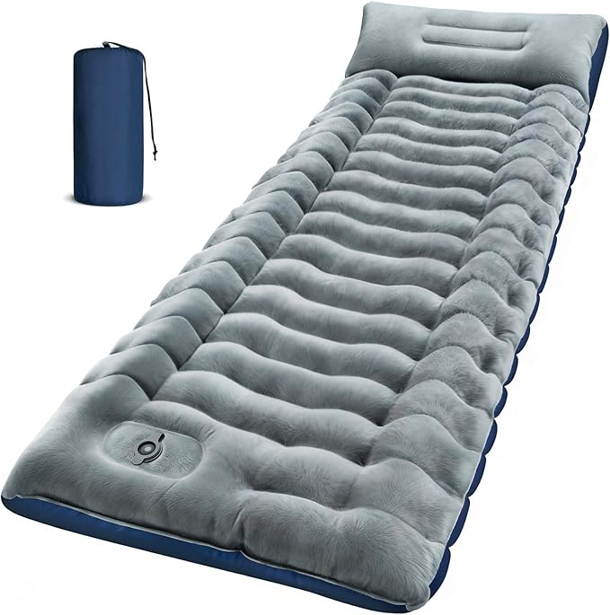 Camping Sleeping Pad, 9.2R-Value Ultralight Camping Mat with Pillow Built-in Foot Pump Inflatable Sleeping Pads Compact for Camping Backpacking Hiking Traveling-Lined Version Grey