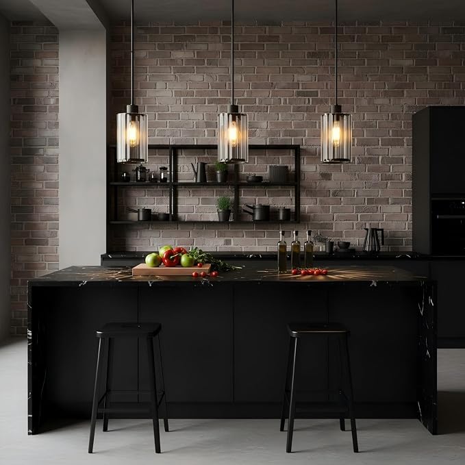 Modern Clear Fluted Glass Pendant Light 1 Pack - Thick Ribbed Glass with Soft Glow, Adjustable E26 Hanging Lamp for Kitchen Island & Dining Room