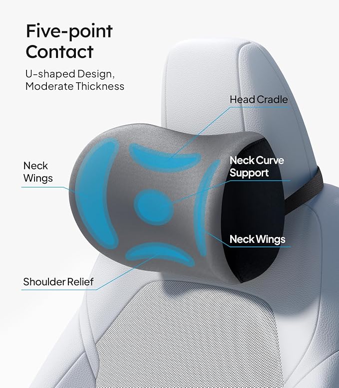 Wigoo 2026 Car Neck Pillow [No More Pressure, Odorless] Soft Car Headrest Pillow with Adjustable Strap Removable Cover 100% Memory Foam, Fits All Vehicles (Gray 2-Pack)
