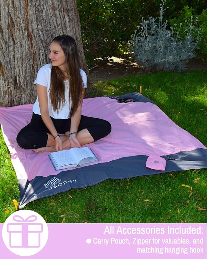ECCOSOPHY Sand Proof Beach Blanket - Waterproof Picnic Blanket 60x55 Outdoor Compact Pocket Blanket Lightweight Ground Cover for Hiking Camping Festivals Sports Travel with Bag & Stakes (Pink)