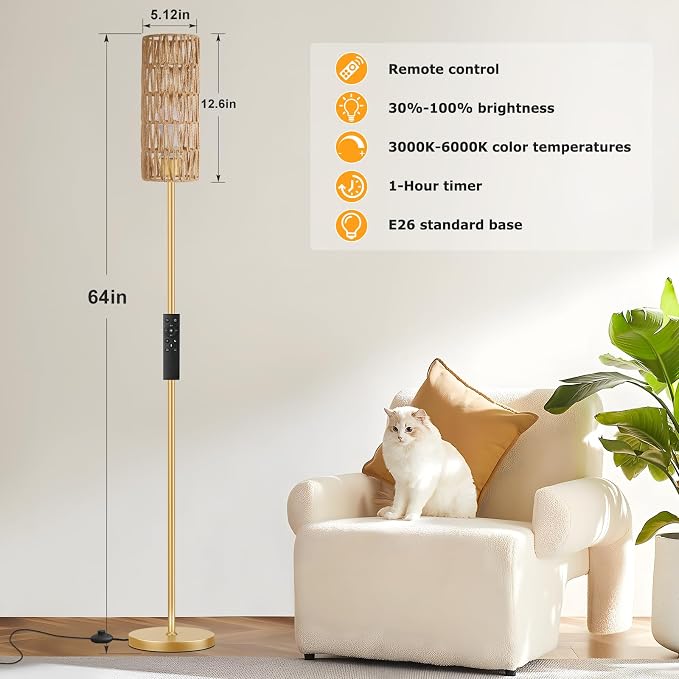 64'' Floor Lamps for Living Room with Remote Control and Stepless Dimmable Colors Temperature & Brightness, Boho Gold Standing Lamp with Beige Rattan Shade