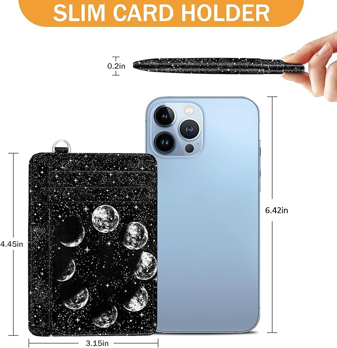 Yonlevres Credit Card Holder Slim Wallet, Moon Lunar Black RFID Wallet Women Front Pocket Small Card Holder, Travel Cute Funny Thin Card Case ID Window PU Leather RFID Blocking Card Organizer Gifts