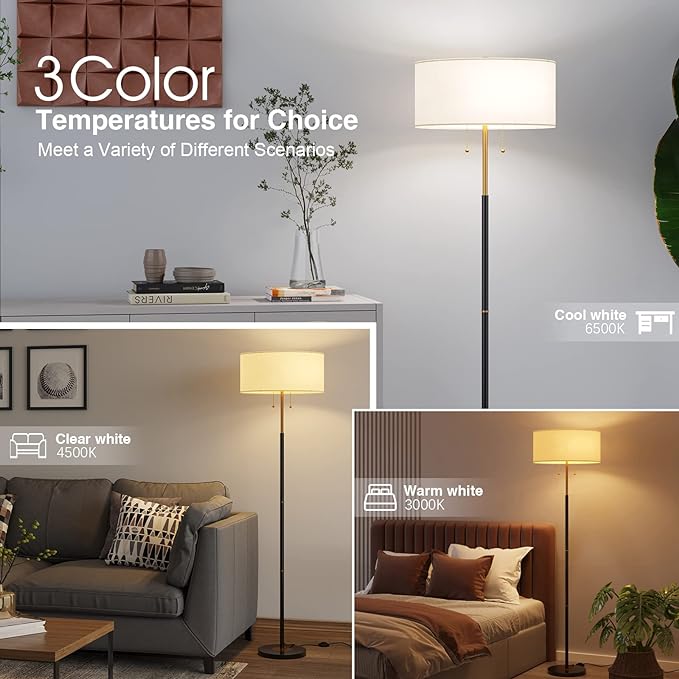 2-Light 3 Color Temperature Mid Century Floor Lamp for Living Room | 61" Black&Gold Tall Standing Lamp for Bedroom and Office with White Fabric Lampshade, 3000K/4500K/6500K 9W Bulb Included