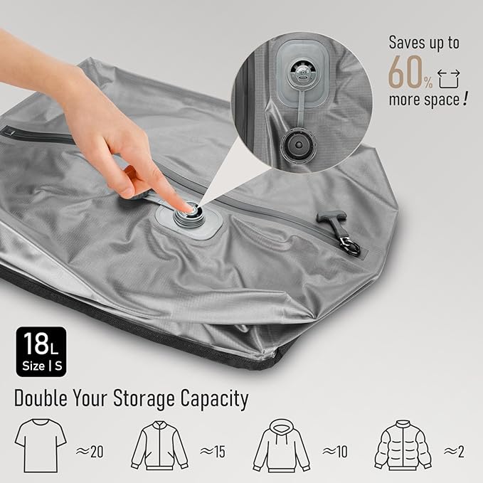 VJI Reusable Vacuum Bag for Travel, IPX8 Waterproof Compression Storage Bag for Luggage and Closet, Space Saving and Leakproof Packing Organizer (Grey, With pump)