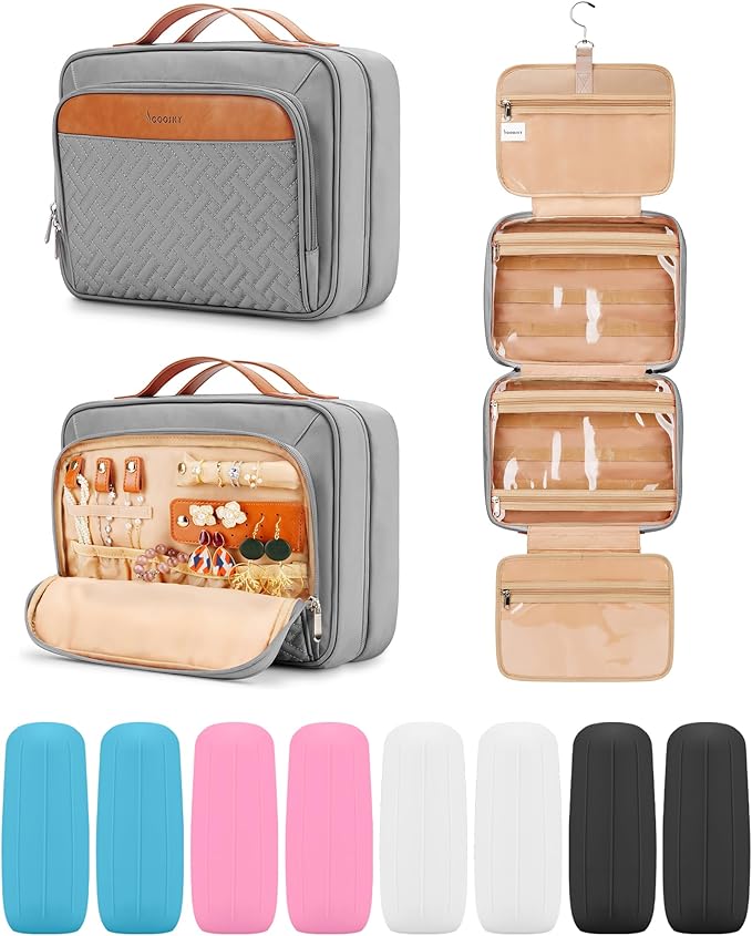 Travel Hanging Toiletry Bag for Women and Men, with 8 Leak Proofing Silicone Bottle Covers, Waterproof Makeup Accessories, Cosmetic Essentials, Cruise Ship Toiletries Bag with Jewelry Organizer, Grey