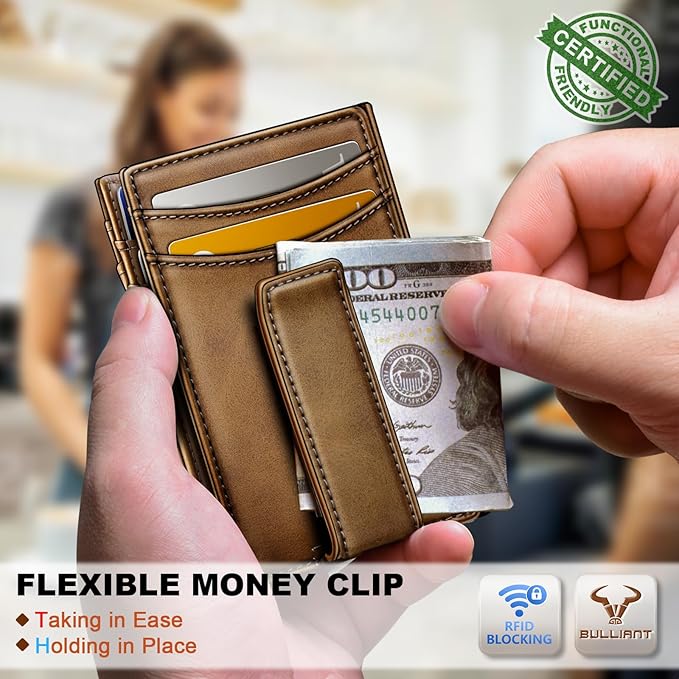 BULLIANT Magnetic Closure Slim Wallet-Genuine Leather Front Pocket Wallet for Men,RFID Blocking,Holds 12 Cards and Money Clip