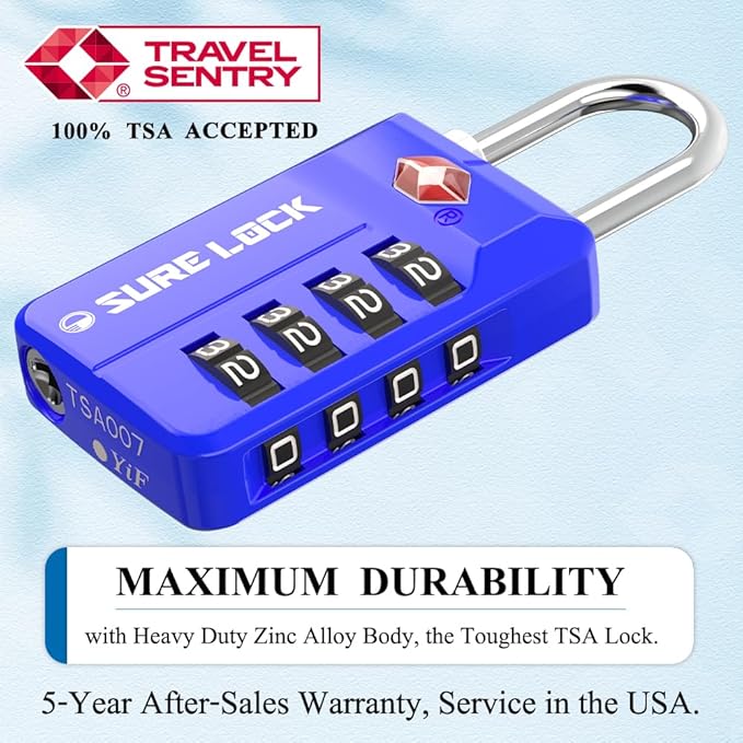 SURE LOCK TSA Approved 4-Digit Resettable Combination Luggage Locks with Open Alert, Easy-Read Dials - for Luggage, School Lockers, Gym, Office, Toolbox & Security Cases(Blue 2 Pack)
