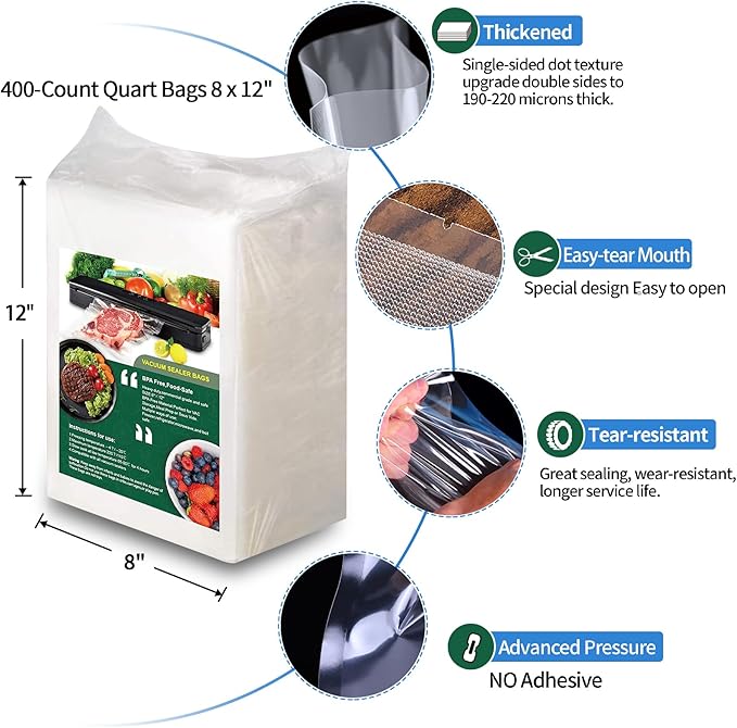 AENTGIU 400 Vacuum Sealer Storage Bags, 8x12 Inch Seal a Meal Bags, BPA Free Quart Bags, Compatible with All Heat Vacuum Sealers Machine, Heavy Duty, Ideal for vac storage, Meal Prep or Sous Vide