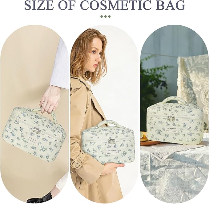 Large Travel Quilted Makeup Bag for Women,Big Floral Cotton Cosmetic Bag, Cute Coquette Aesthetic Floral Toiletry Organizer Bag (Blue Flower)