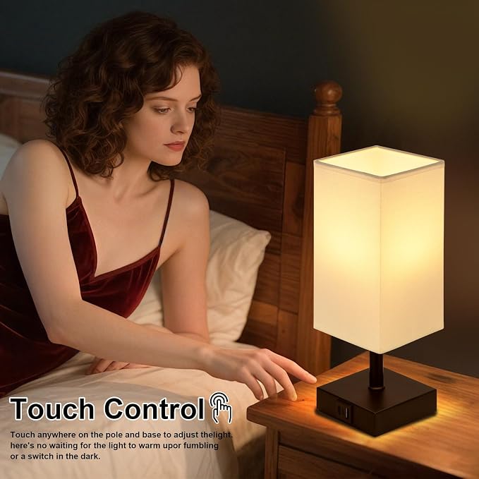 Touch Table Lamp for Bedroom - Dimmable, USB C+A, White Lamphade Black Base | 3-Way Dimmable, 3000K LED Bulb Included, Square Lampshade, Cute Room Decor for Teen Girls, Kids, Small Lamp for Dorm, Nursery