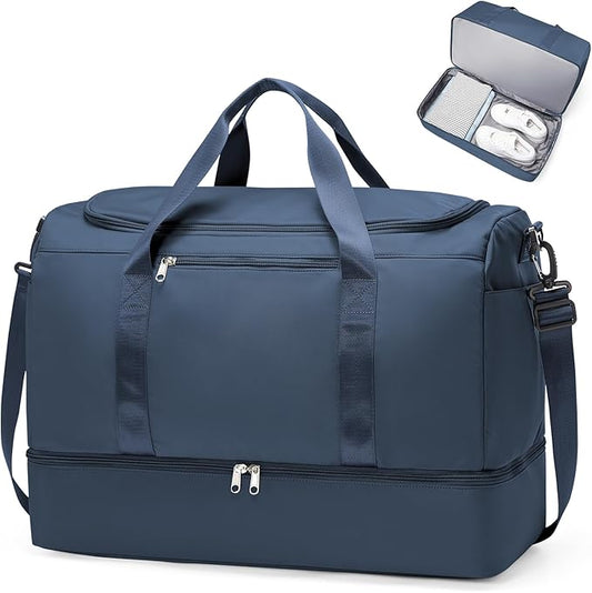 Extra Large Travel Duffle Bag,Carry on Overnight Weekend Bag with Shoes Compartment,Weekender Bags for Women for Travel Business Trips Sport Hospital,Dark Blue