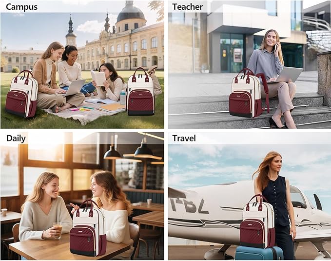 Laptop Backpack for Women Work Bag - 15.6 inch Travel Backpack Purse with USB Charger College Bookbag Waterproof Cute Casual Daypack Business Computer Backpacks for Teacher Nurse Beige Wine Red