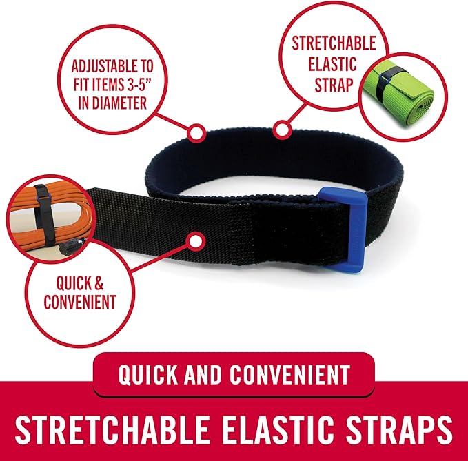 VELCRO Brand VEL-30792-AMS 15 Inch Elastic Straps 4 Pack | Stretchable and Adjustable for Snug Fit | Fasten Lumber, Yoga Mats, Tools, Camping Equipment, More | Cinch with Buckle, Black 15x1