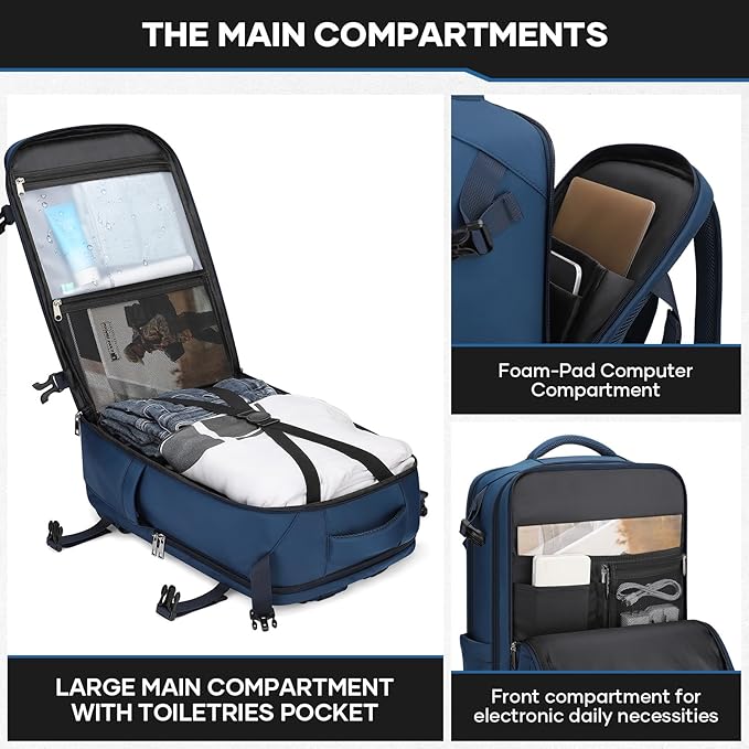 Maelstrom Travel Backpack for Men Women, 35L Carry on Backpack for Traveling on Airplane,with Belt Bag&Shoe Compartment,Waterproof Laptop Backpack fit 17”Laptop-Navy Blue, Large