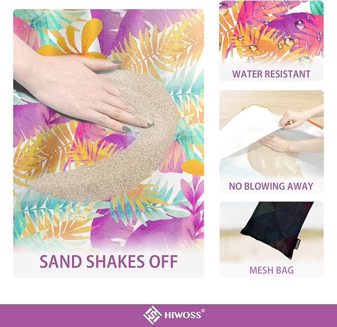 Beach Blanket Waterproof Sandproof Oversized 95”x 80”,Sand Free Beach Mat with Corner Pockets,Portable Mesh Bag for Beach Festival,Picnic,Travel and Outdoor Camping (Tropicalleaf)