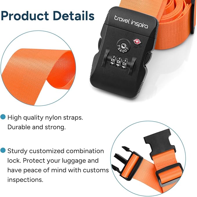 Travel Inspira Luggage Straps with TSA Lock, TSA Approved Suitcase Belt, Heavy Duty Adjustable Cross Design for Added Security, High-Visibility Orange Travel Accessory with ID Tag for 20-32" Bag
