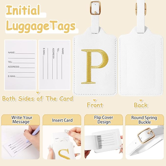 Initial Letter Luggage Tags for Suitcases, Personalized Embroidered Letter Luggage Bag Suitcase Identifier Name Tag, Cute PU Leather Travel Luggage Tags, Bag Tags for Luggage Handbags(White P)