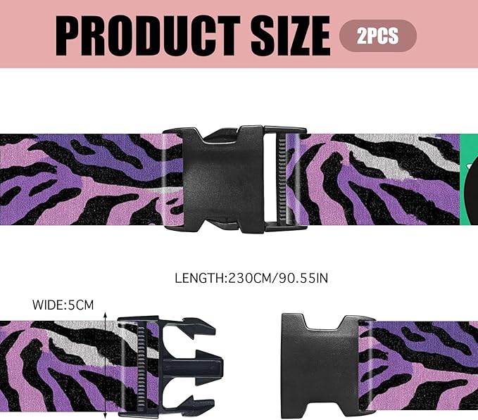Nuxovilar Luggage Straps of 2 Set Purple Pink Black Zebra Pattern, 1.96x90.5 inches - Luggage Straps for Suitcases, Good for Adventure Trips, Outdoor Travel, Casual Use