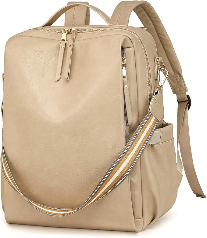 myfriday PU Leather Large Backpack Purse for Women Casual Travel Backpack Convertible Satchel Handbags With Luggage Strap (Biege)