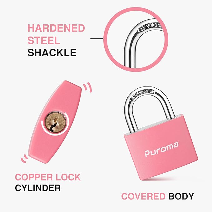 Puroma Lock Keyed Padlock, 2 Pack Aluminum Locks with 3 Keys Alike, 7/8 Inch Locker Lock 43mm Small Padlocks for Gate, Fence, Shed, Toolbox, School Gym Locker (Pink)