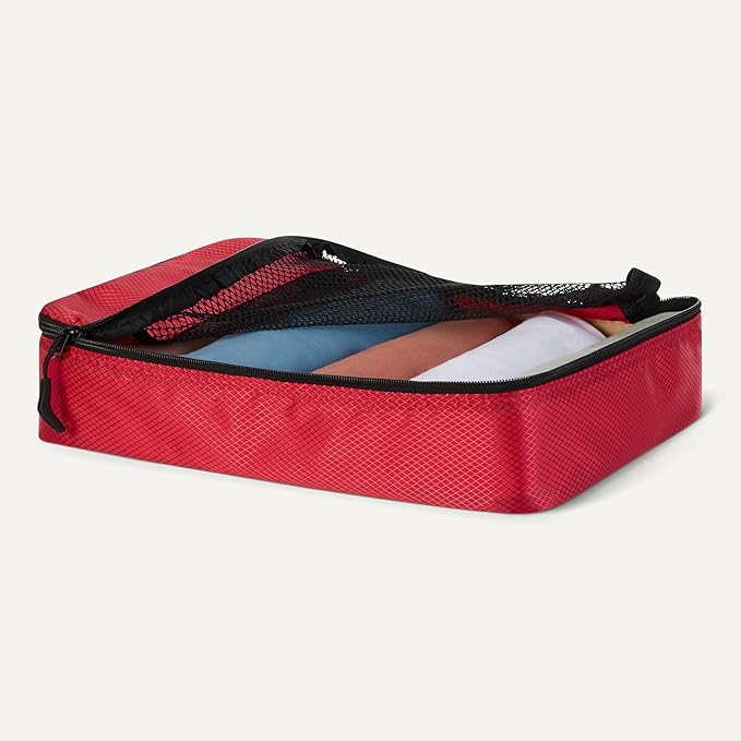 Amazon Essentials 4-Piece Packing Cubes Travel Accessories Set, Luggage Organizer with Double Zipper, Mesh Top, Space-Saving, Medium, Red (Previously Amazon Basics)
