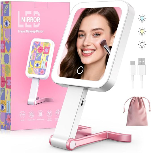 Travel Makeup Mirror with Lights 10X/1X Double-Sided Magnifying LED Beauty Mirror Rechargeable Portable Vanity Mirror with 3 Color Lighting Smart Touch Dimming Desktop Handheld Hanging