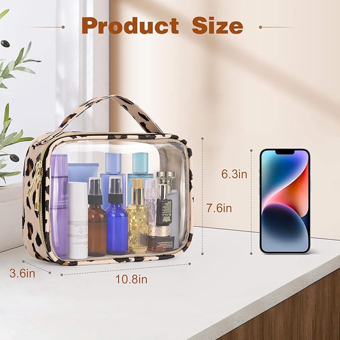 Wedama Clear Toiletry Bag, 2 Pack Clear Makeup Bags with Handles, Large Travel Bags PVC Cosmetic Bag for Women and Men, Carry on Airport Airline Compliant Bag, Leopard Print