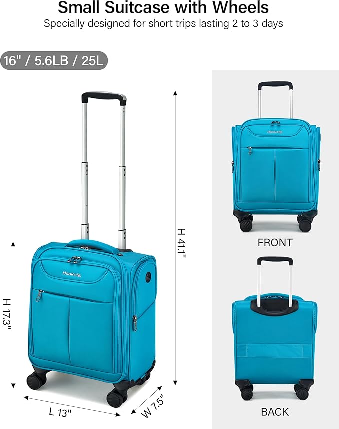 Hanke Underseat Carry On Luggage with Wheels, Lightweight Small Suitcase Airline Approved 16 Inch Softside Personal Item Travel Bag for Women Men, Compact Under Seat Luggage.(Caribbean Blue)