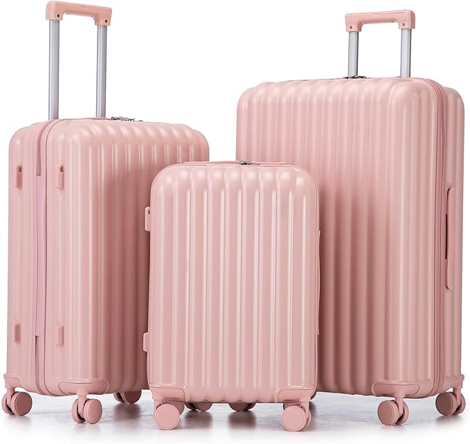 Luggage Set,3 Piece Suitcase with Spinner Wheels, Suitcase with Lock Cup Holder Phone Holder,Carry On Luggage Easy Travel for Men and Women,Pink