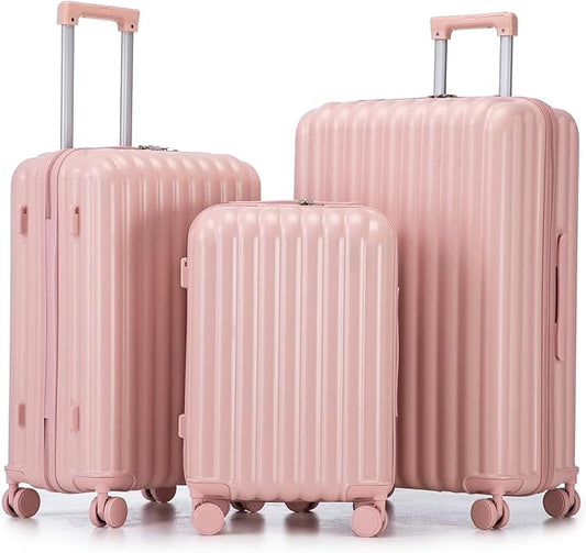 Luggage Set,3 Piece Suitcase with Spinner Wheels, Suitcase with Lock Cup Holder Phone Holder,Carry On Luggage Easy Travel for Men and Women,Pink