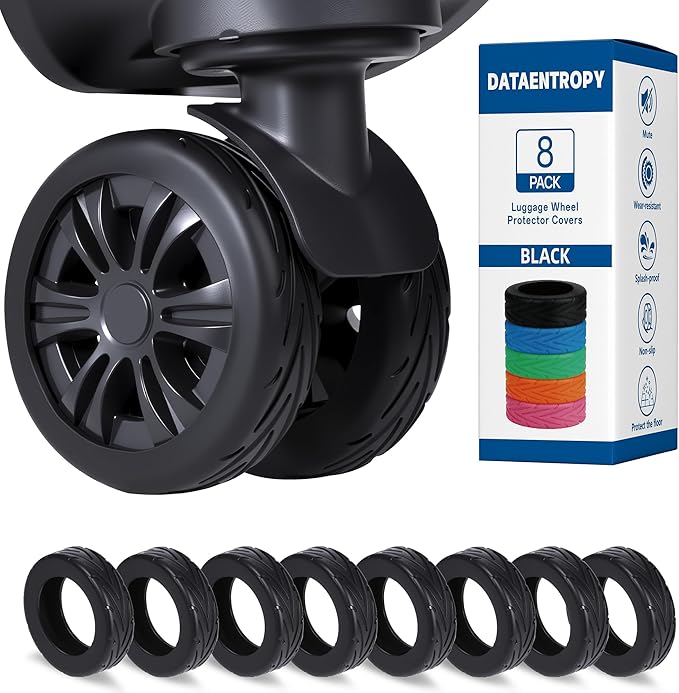 8PCS Luggage Wheel Covers for Spinner Wheels, Silicone Suitcase Wheel Protectors, Wear-Resistant & Anti-Noise, Fits 2–2.4 Inch Wheels (Black)
