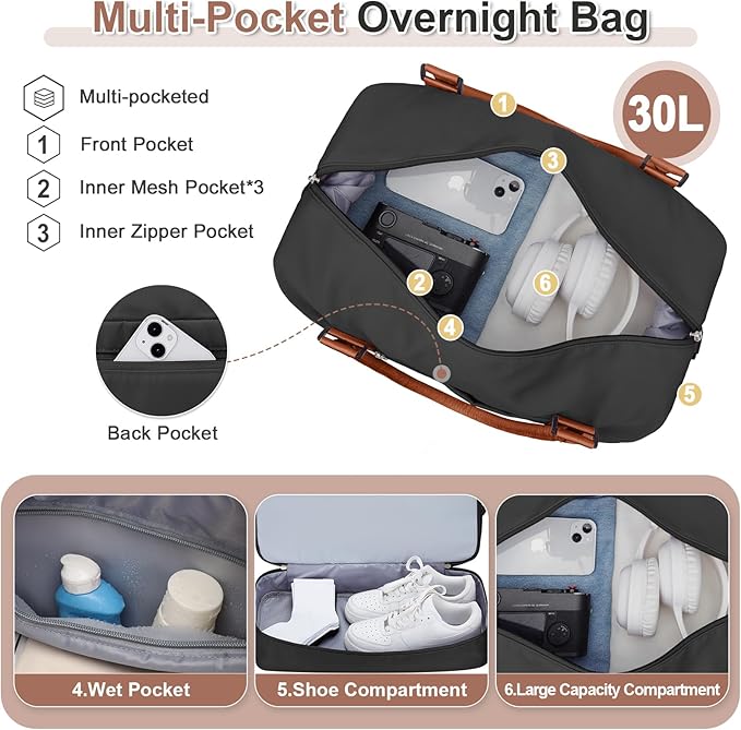 Weekender Bags for Women, Travel Duffel Bags with Shoe Compartment & Wet Pocket,Travel Bag for Airlines,Carry on Overnight Tote Bag for women with Toiletry Bag,3Pcs Set，Black & Brown