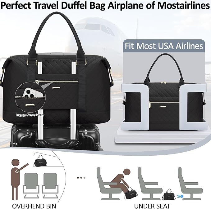 Quilted Travel Duffle Bag for Travel Women with Toiletry Bag, Large Weekender Bags for Women Carry on Duffel Overnight Bag, Waterproof Travel Tote Bags for Sports, Weekender, Business, Black