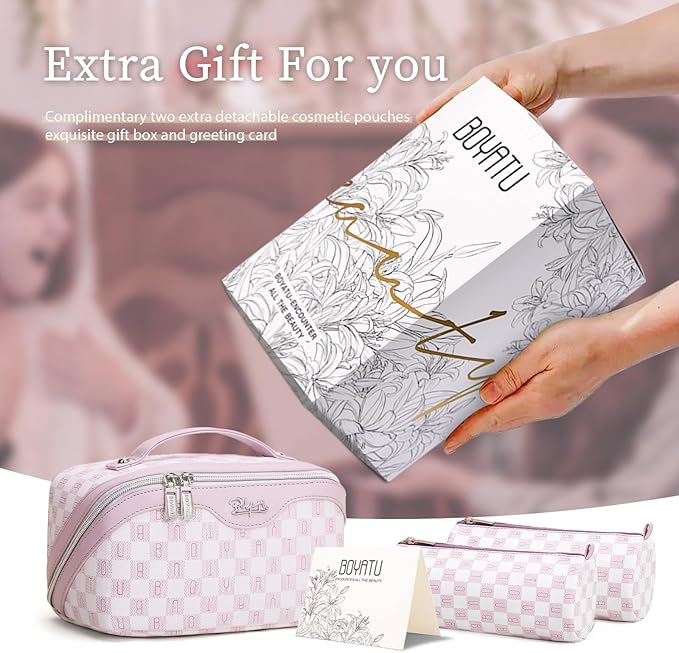 BOYATU Travel Makeup Bag Organizer Cosmetic Bag: 3 Pcs Set Make up Bags for Women with Handle - Waterproof Vegan Leather Toiletry Bags Travel Essentials Pouch with Compartments (H-05-Pink)