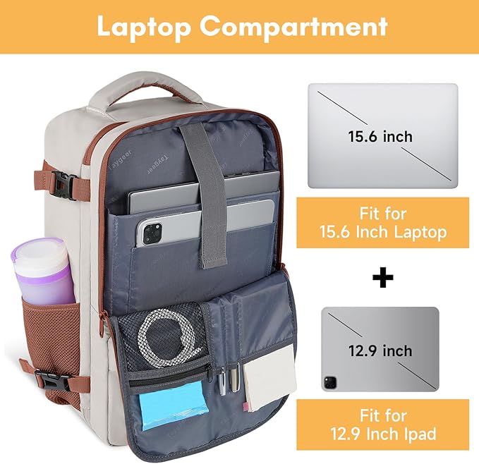 Taygeer Backpack for Women, College Backpack with Laptop Compartment & Shoe Pouch, 35l Travel Laptop Mochila Carry On Luggage, Airline Approved Personal Item Bag For Weekender Gym Hiking, Khaki White