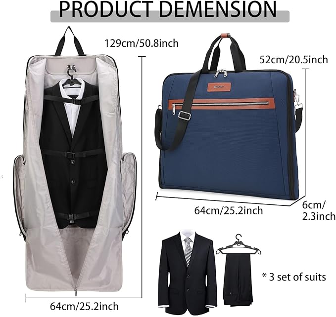 BE SMART Waterproof Foldable Garment Bags for Travel, 51" Large Travel Hanging Bags for Clothes, Carry on Suit Bag with Strap for Men Women, Wrinkle Free Luggage Suit Cover for Business Trips(Blue)