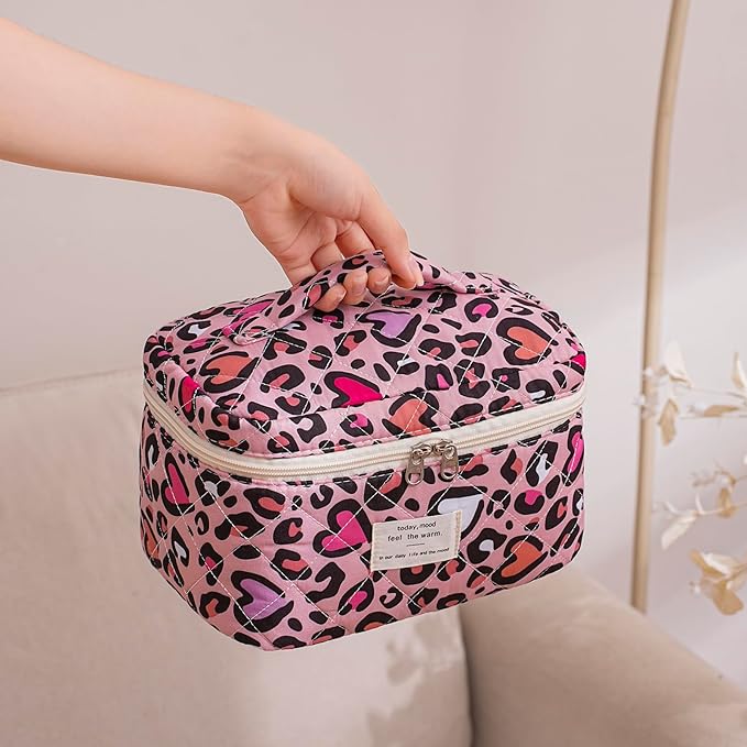 uekeboag Large Travel Quilted Makeup Bag for Women, Floral Cotton Cosmetic Bag, Coquette Aesthetic Floral Toiletry Organizer Bag