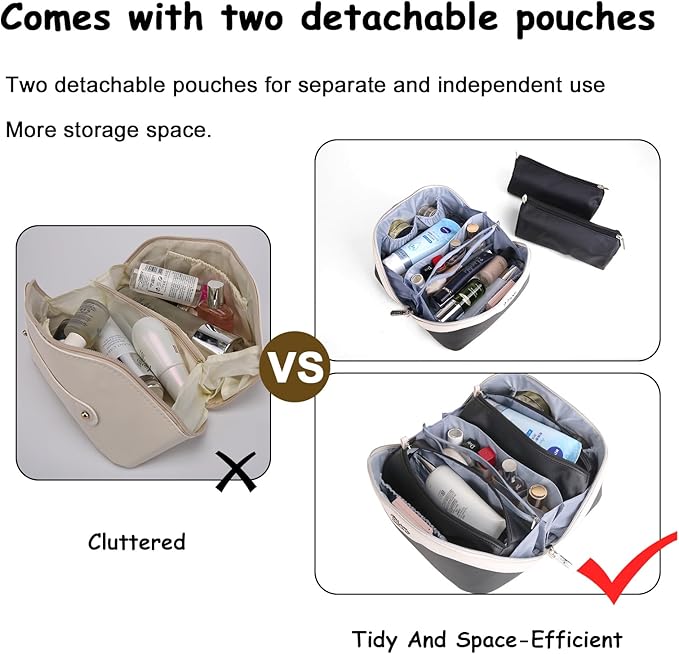 BOYATU Travel Makeup Bag Organizer Cosmetic Bag: 3 Pcs Set Make up Bags for Women with Handle - Waterproof Vegan Leather Toiletry Bags Travel Essentials Pouch with Compartments (A-01-Black)