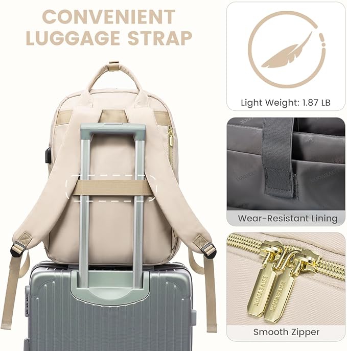LOVEVOOK Laptop Backpack Women Teacher Backpack,15.6 Inch Laptop Bag with USB Port,Waterproof Daypack for Work Travel Antiquewhite