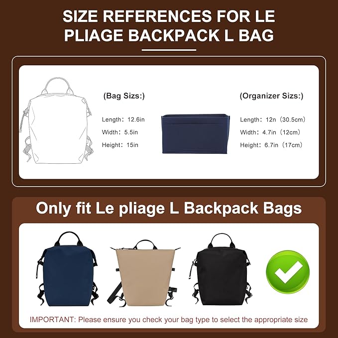 Doxo Backpack Organizer Insert for Longchamp Le Pliage L Backpack | Felt Material with 8 Compartments & YKK Zipper Pocket | Custom-Fit Longchamp Backpack Insert (LB, Navy)