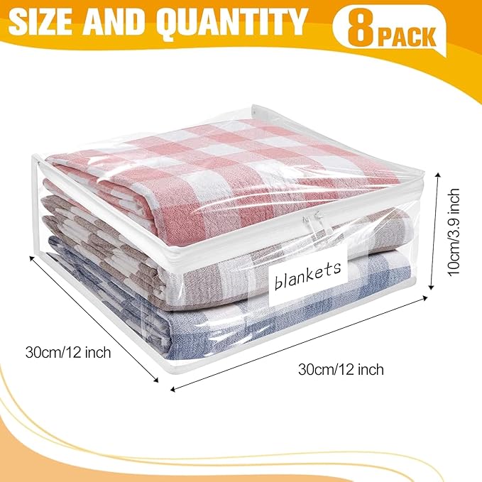 Plastic Storage Bags with Easy-Glide Zipper, Pack of 8, Durable Clear Vinyl Zippered Storage Bags for Clothes Sweaters Comforters Blankets Sheets Bedding (12 x 12 x 3.9 Inch)