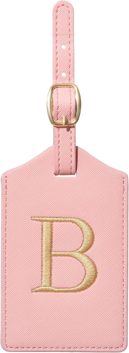 Initial Luggage Tag, PU Leather Luggage Tag, Embroidered Luggage Tag, Letter Luggage Tag, Monogrammed Luggage Tag, Luggage Tag for Baggage Bag Suitcase (B, Pink Leather+Champagne Gold Letter)