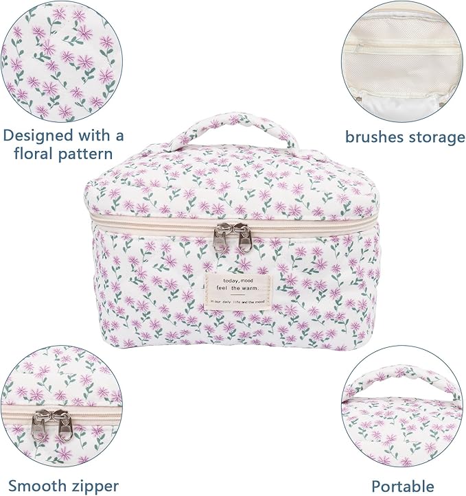 Large Makeup Bag, Cute Cosmetic Bag for Women Girls, Floral Coquette Aesthetic Toiletry Bag, Travel Make Up Organizer Bag (Purple Flower)