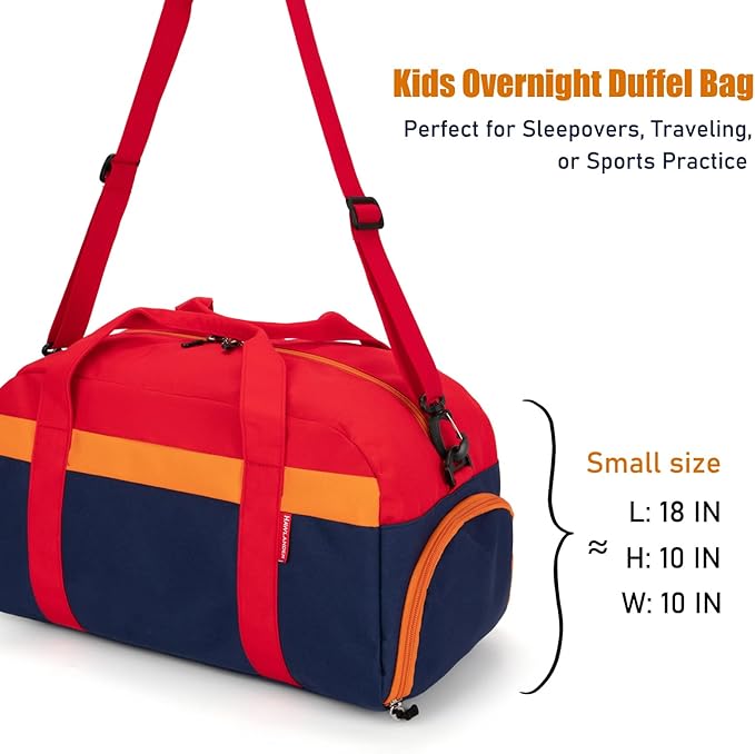 HawLander Kids Duffle Bag for Boys or Girls, Fit Sports Practice, or Overnight Travel Weekend (Navy Red)